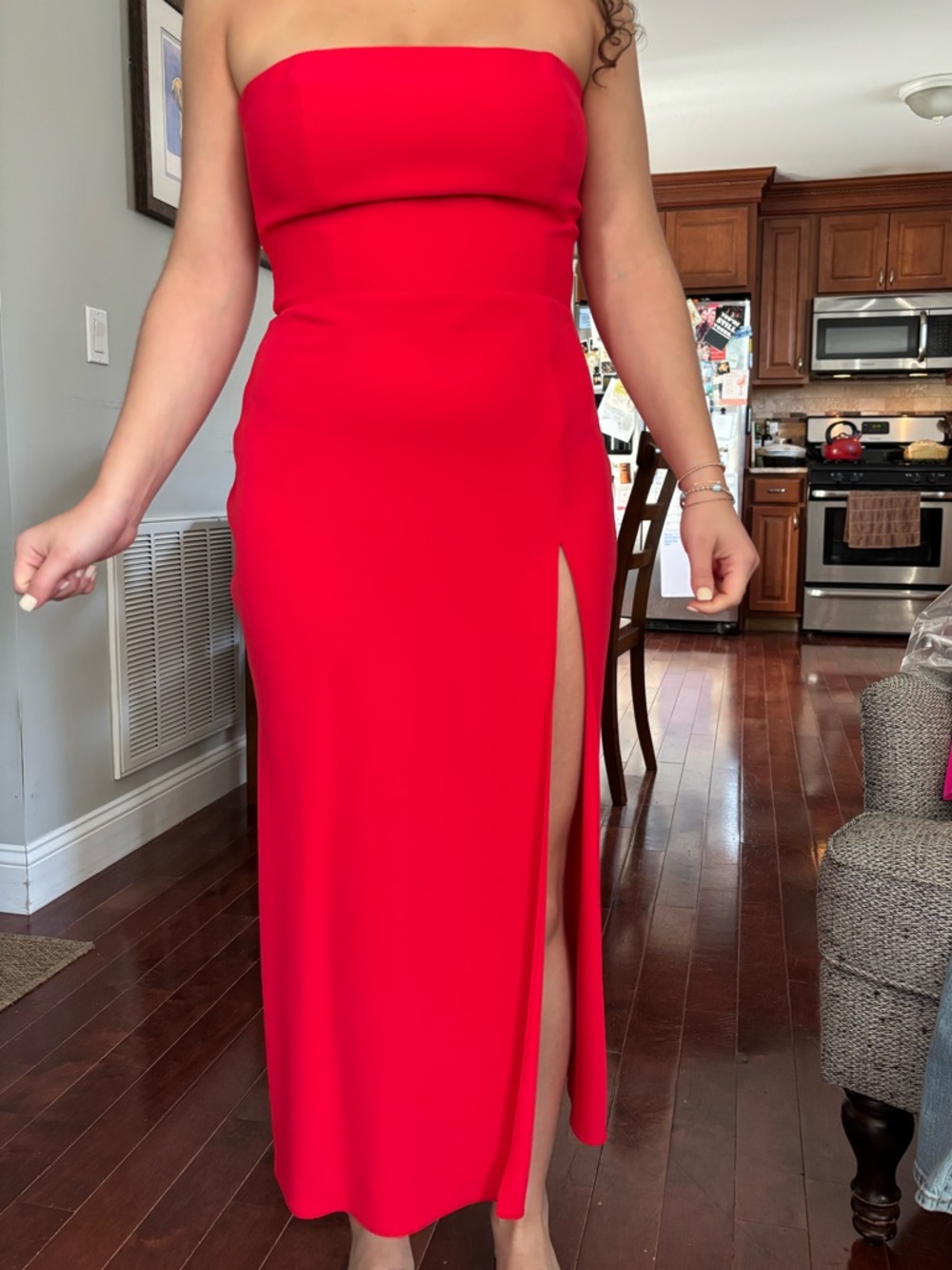 Amanda Uprichard Strapless Red Midi Dress with Side Slit